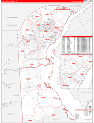 New Castle County, DE Wall Map Zip Code Red Line Style 2024